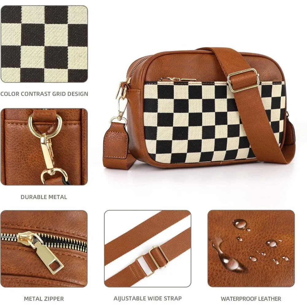 Vegan Leather Crossbody Bag Women Embroidered Strap Multiple Pockets